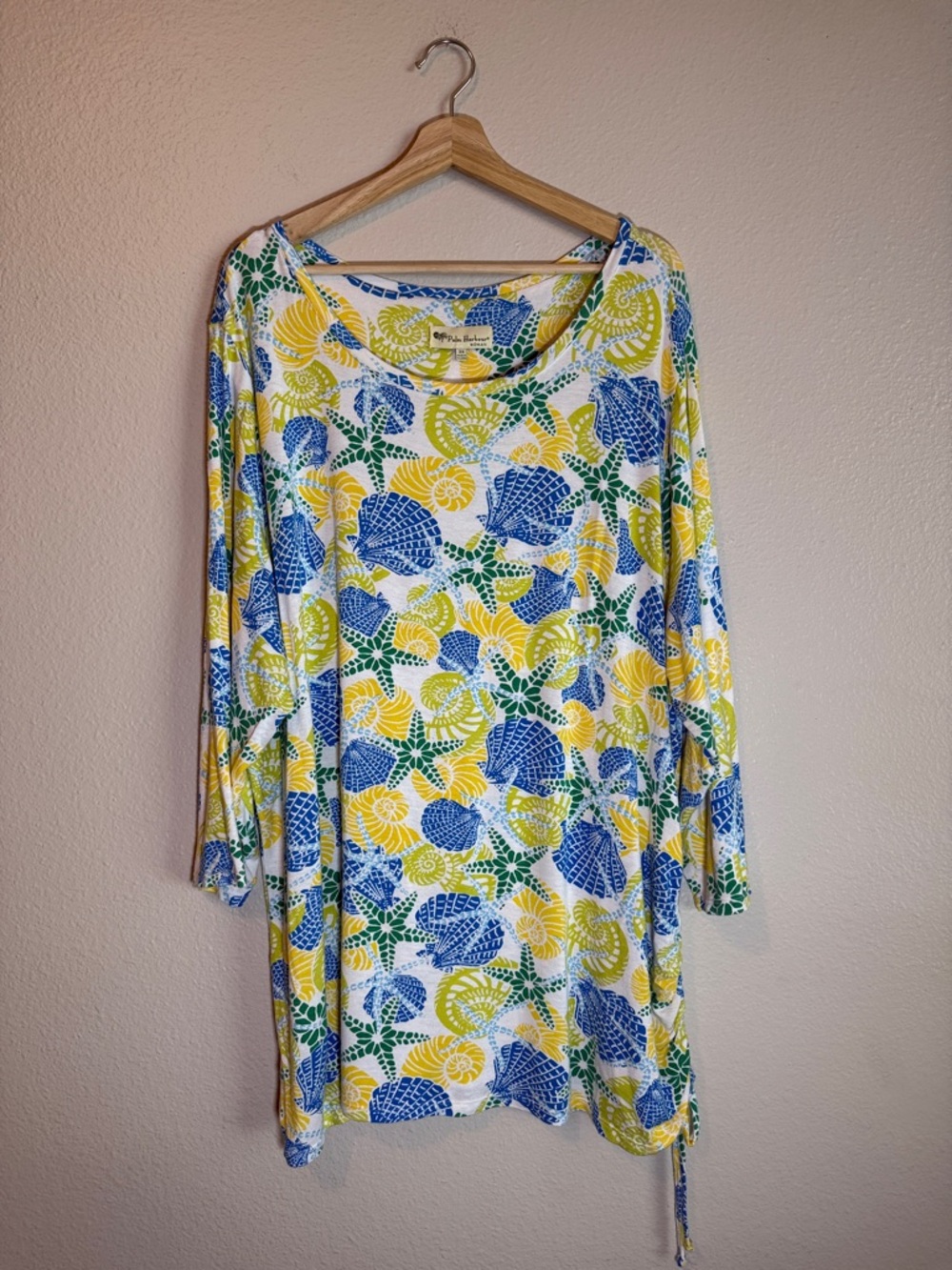 Palm Harbour Women 3x Top Seashell Starfish Ocean Print Blue Yellow Resort Vacay